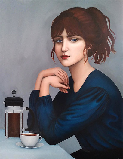 Amanda Johnson NZ portrait artist, Coffee Queen, Oil on canvas